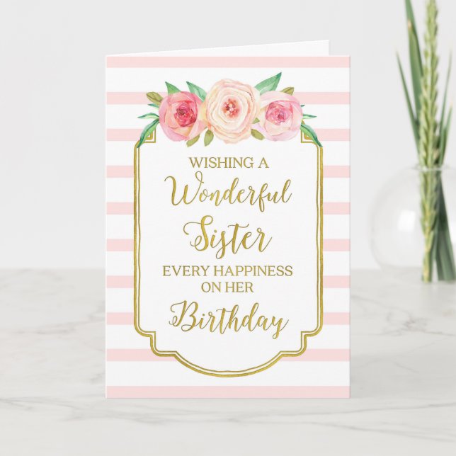 Vintage Floral Pink Stripes Sister Birthday Card (Front)