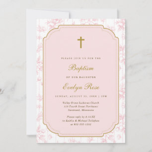 Vintage Floral Pink Toile Girl Baptism Invitation