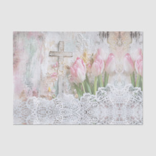 Vintage Floral Pink Tulip Cross Lace Decoupage  Tissue Paper