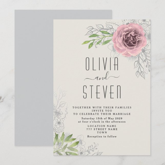 Vintage Floral Pink Wedding Invitation (Front/Back)