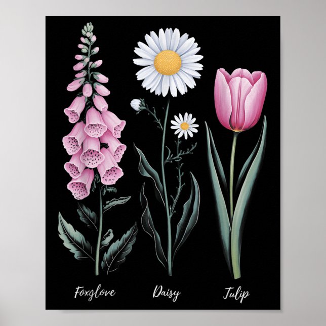 Vintage Floral Plant Foxglove Daisy Tulip Flower G Poster (Front)