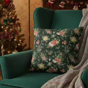 Vintage Floral Poinsettia Christmas Pattern Green Cushion