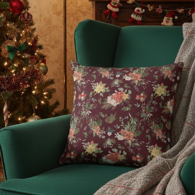Vintage Floral Poinsettia Christmas Pattern Red Cushion (Creator Uploaded)
