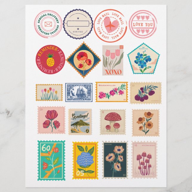 Vintage Floral Postage Stamps & Love Mail stickers (Front)
