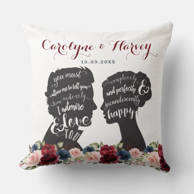 Vintage Floral Pride Prejudice Wedding Gift Cushion (Front)