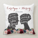 Vintage Floral Pride Prejudice Wedding Gift Cushion<br><div class="desc">MODERN MEETS VINTAGE - Perfect gift idea for newlyweds! This beautiful cushion features hand painted watercolor floral in burgundy, navy and blush elegantly combined with vintage silhouettes of Elizabeth Bennet and Mr Darcy, two of the most beloved and iconic characters in English literature, from the romantic novel "Pride and Prejudice"...</div>