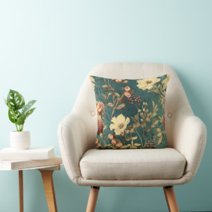 Vintage Floral Print Teal Cushion