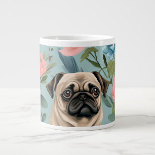 Vintage Floral Pug Pattern Cute Botanical Dog Large Coffee Mug