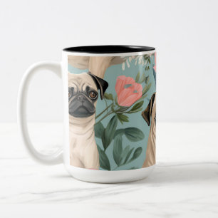 Vintage Floral Pug Pattern Cute Botanical Dog Two-Tone Coffee Mug