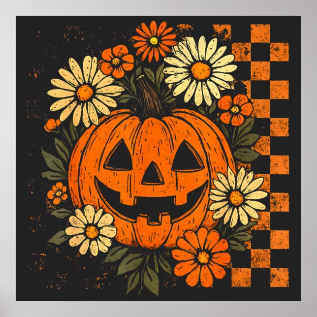 Vintage Floral Pumpkin Halloween Retro Pumpkin Poster (Front)
