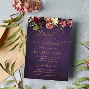 Vintage floral purple gold script bridal shower invitation