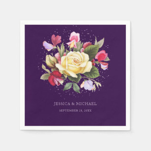 Vintage Floral Purple Pink Yellow Rose Wedding Napkin
