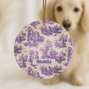 Vintage floral purple toile de jouy monogram ceramic tree decoration