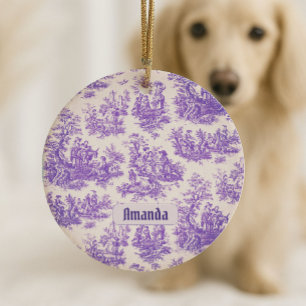 Vintage floral purple toile de jouy monogram ceramic tree decoration
