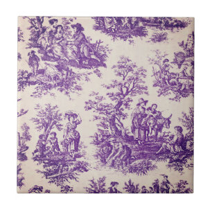 Vintage floral purple toile de jouy monogram tile