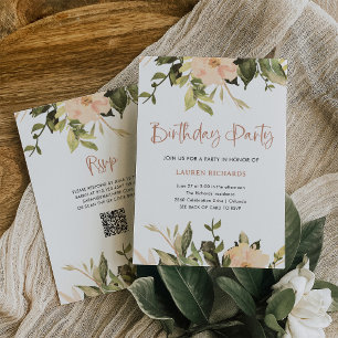 Vintage Floral   QR Code Birthday Party Invitation