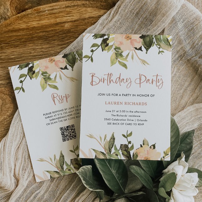 Vintage Floral | QR Code Birthday Party Invitation (A pretty birthday party invitation with vintage peony flowers and a scannable QR code to rsvp)