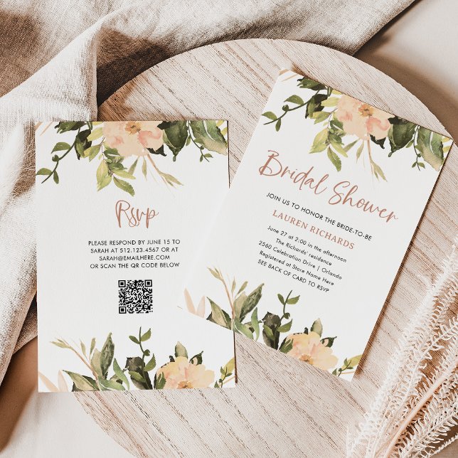 Vintage Floral | QR Code Bridal Shower Invitation (A pretty and elegant floral bridal shower invitation with a scannable QR code)