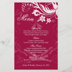 Vintage Floral Red and White Wedding Menu Card