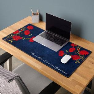    Vintage Floral Red Carnation Add Name Navy Blue Desk Mat