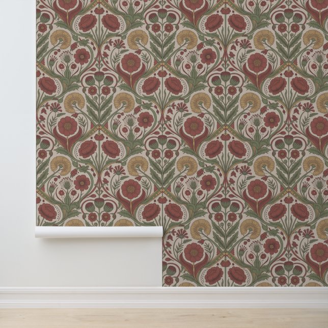 Vintage Floral Red Green boho chic Wallpaper (Application)