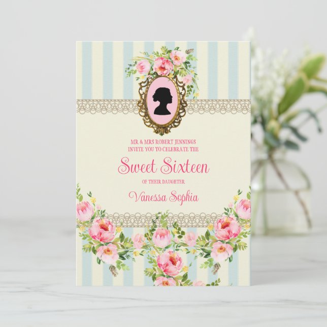 Vintage Floral Regency Sweet Sixteen Invitation (Standing Front)
