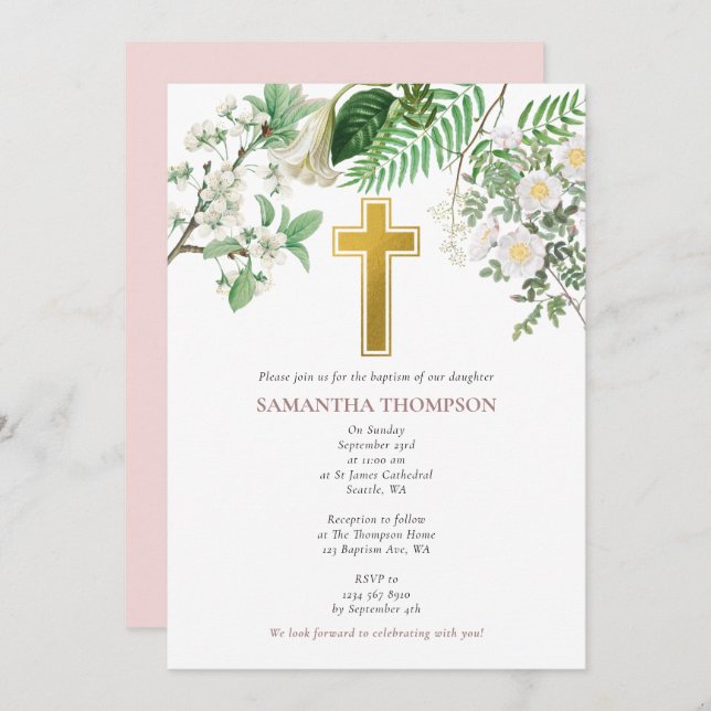 Vintage Floral Religious Gold Cross Baptism  Invitation (Front/Back)