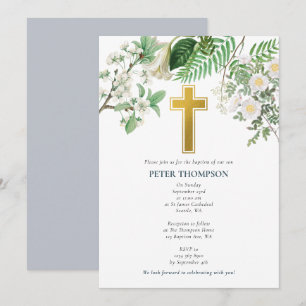 Vintage Floral Religious Gold Cross Baptism Invitation
