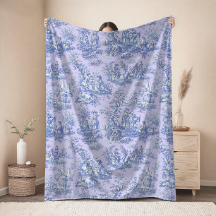 Vintage floral retro blue purple toile de jouy fleece blanket