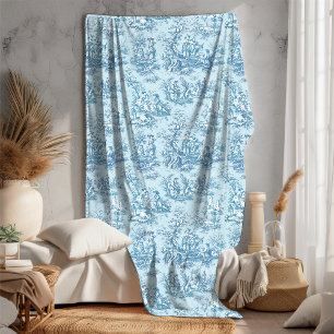 Vintage floral retro blue turquoise toile de jouy fleece blanket