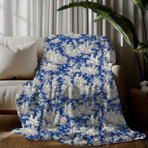 Vintage floral retro dark blue toile de jouy fleece blanket