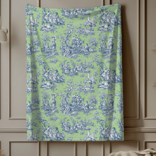 Vintage floral retro green blue toile de jouy fleece blanket