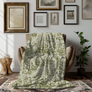 Vintage floral retro olive grey toile de jouy fleece blanket