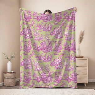 Vintage floral retro pink green toile de jouy fle fleece blanket