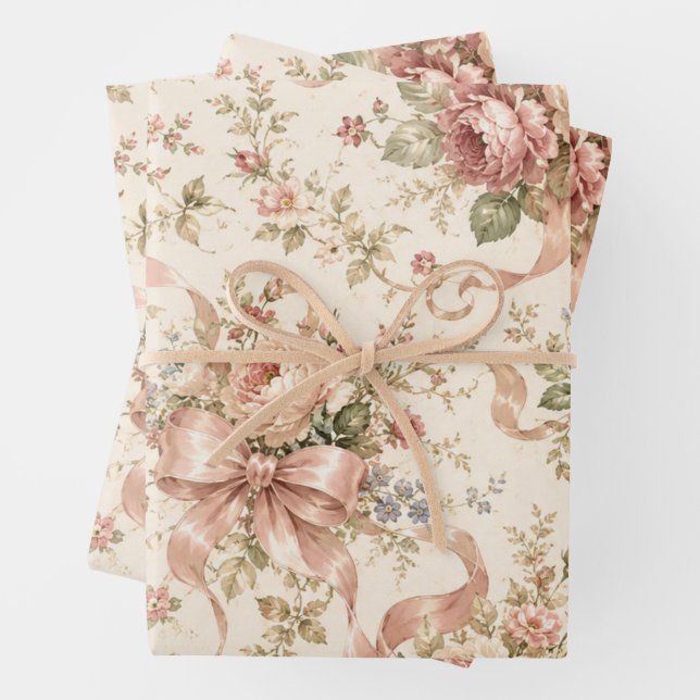Vintage Floral Ribbon Pattern Wrapping Paper (In situ)