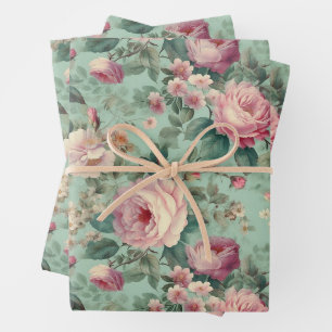 Vintage Floral Rose Aqua Decoupage Wrapping Paper Sheet