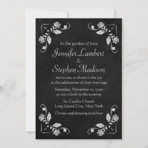 Vintage Floral Rose Black Chalkboard Grey Wedding Invitation