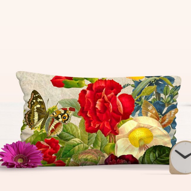 Vintage Floral Rose Bouquet Butterflies Lumbar Cushion (Vintage Floral Rose Bouquet Butterflies Lumbar Pillow)