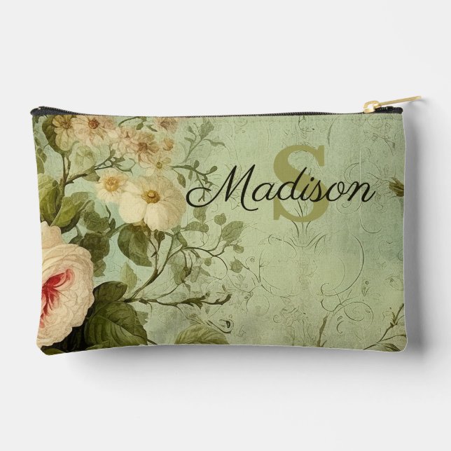 Vintage Floral Rose Greenery  Accessory Pouch (Back)