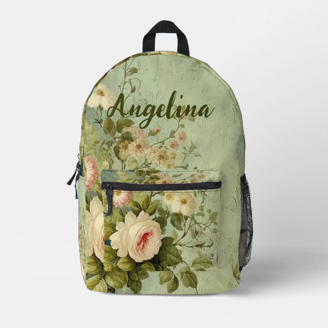 Vintage Floral Rose Greenery  Printed Backpack (Front)