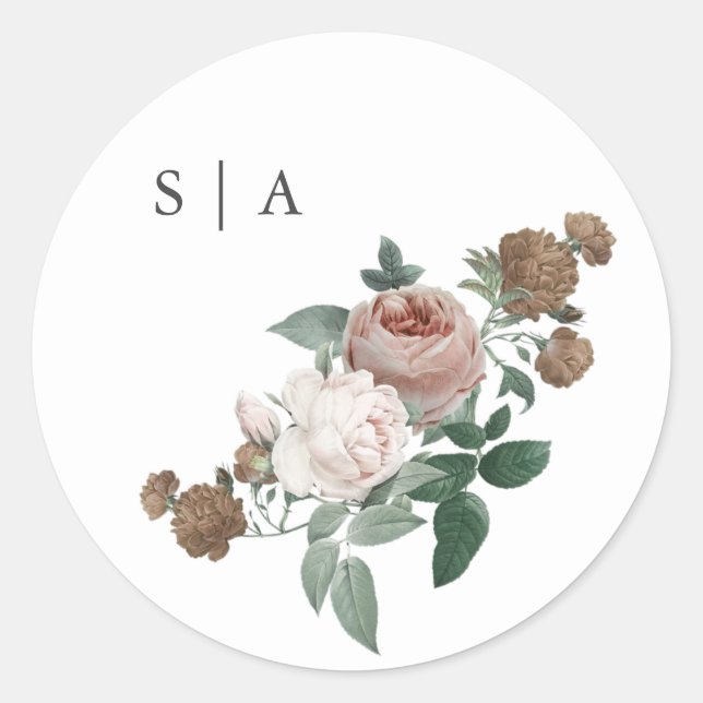 Vintage Floral Rose Monogram Classic Round Sticker (Front)