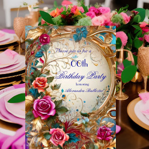 Vintage Floral roses blue Gold pink birthday party Invitation