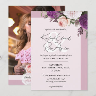 Vintage Floral Roses & Dusty Mauve Photo Wedding Invitation