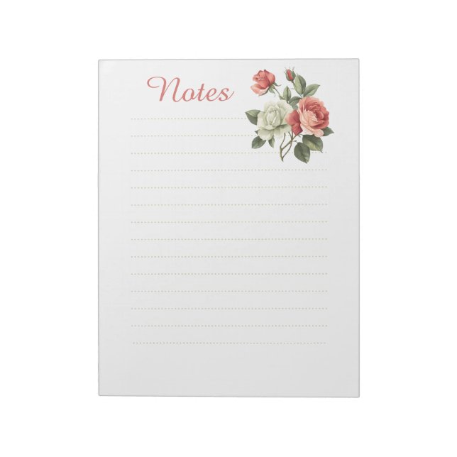 Vintage Floral Roses Large Lined Notes Notepad (Rotated)