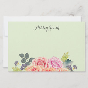 Vintage Floral Roses Lime Green Custom Script Name Stationery