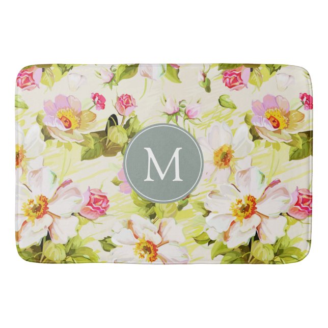 Vintage Floral Roses Peonies Monogram Bath Mat (Front)