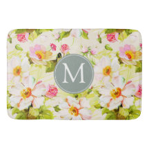 Vintage Floral Roses Peonies Monogram Bath Mat