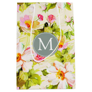 Vintage Floral Roses Peonies Monogram MGB Medium Gift Bag