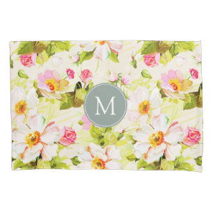 Vintage Floral Roses Peonies Monogram Pillow Case