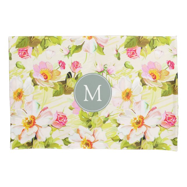 Vintage Floral Roses Peonies Monogram Pillow Case (Front)